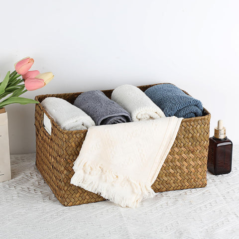 IGNPION Seagrass Storage Opened Basket - Living Room Decorative Woven Wicker Towel Organizer - Rectangular Bathroom Storage Box - Multipurpose Hamper