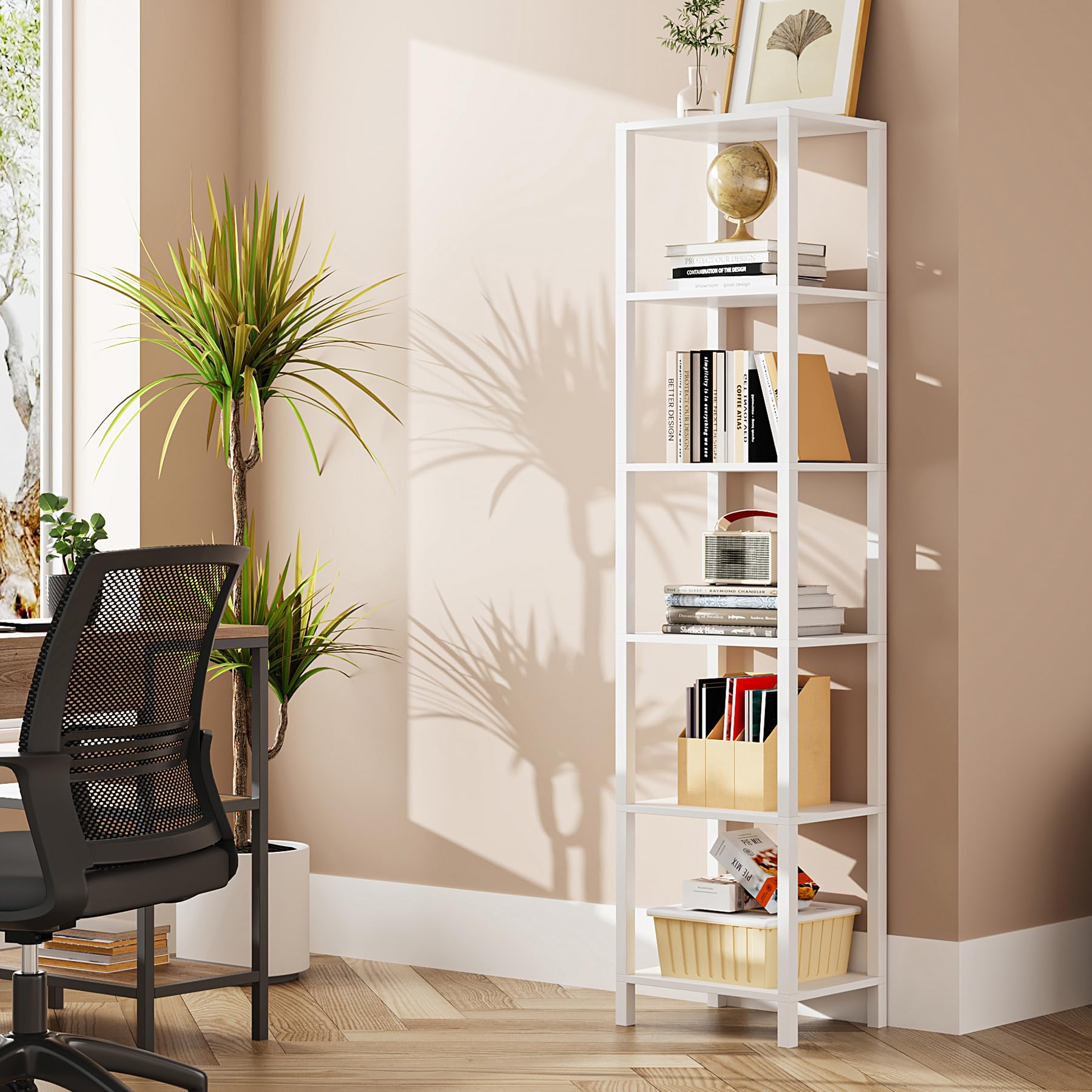 TUTOTAK Bookshelf, 6-Tier Tall Book Shelf, Narrow Bookcase for Small Space, DIY Stackable Bookshelf, for Living Room, Office, Study, Entryway