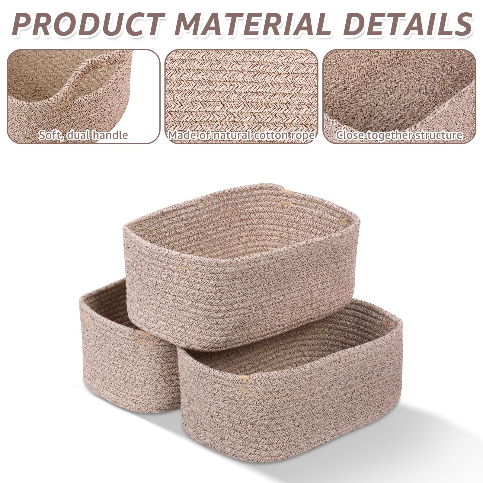 Set of 3 Storage Baskets for Shelves & Nursery, Cotton Rope Woven Basket with Hidden Handle, Empty Baby Gift Baskets