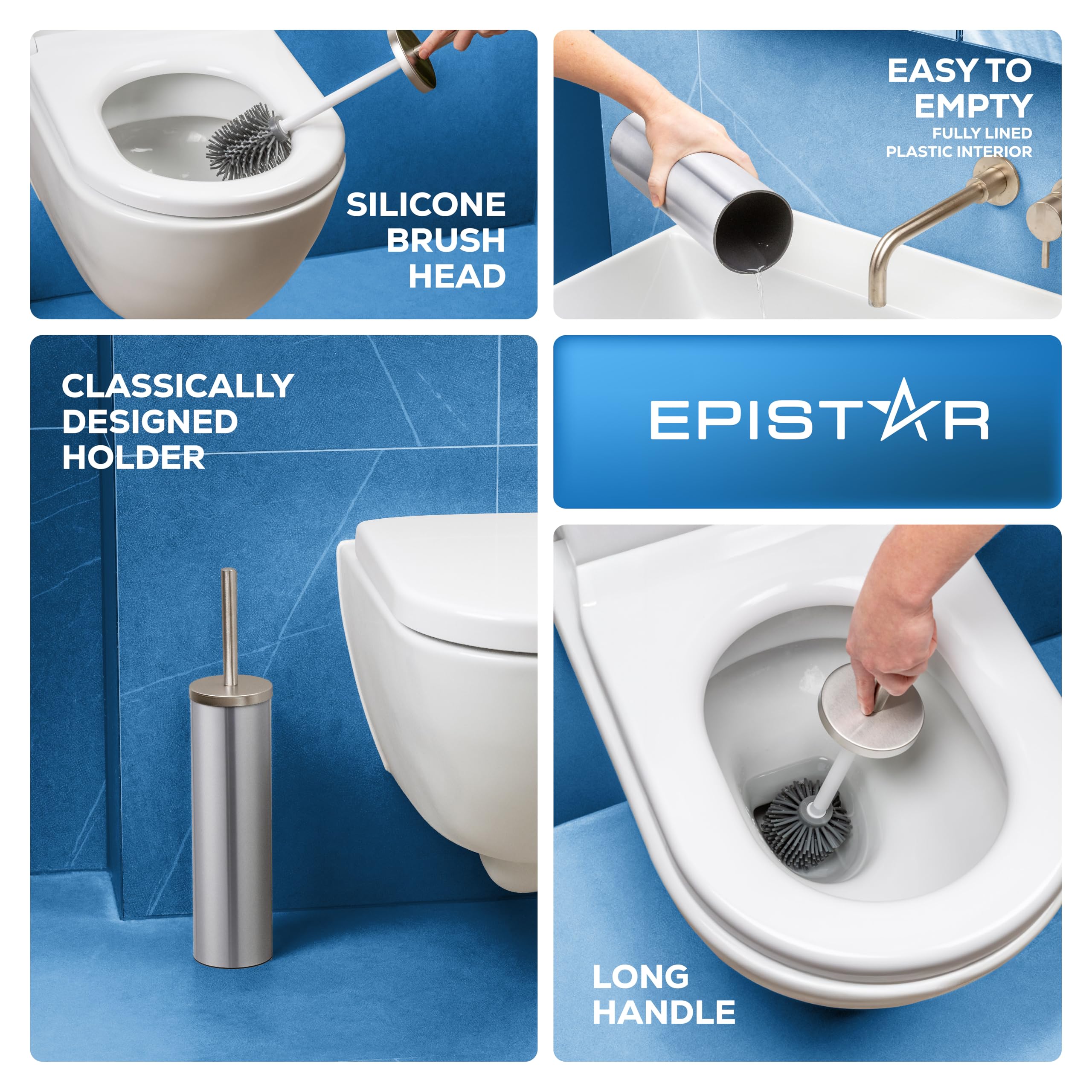 EPISTAR Silicone Toilet Brush & Holder Set - Stainless Steel - Replacement Heads Available - 45cm Tall - Toilet Brush Silicone with Long Handle
