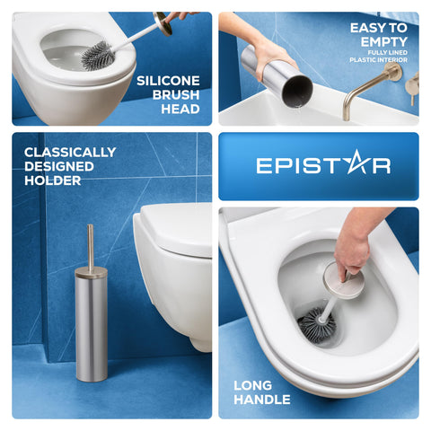 EPISTAR Silicone Toilet Brush & Holder Set - Stainless Steel - Replacement Heads Available - 45cm Tall - Toilet Brush Silicone with Long Handle