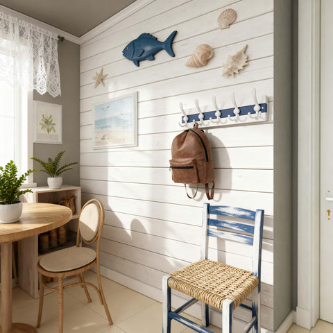 SKOLOO Coastal Wall Mounted Coat Rack - 43cm Beach House Entryway Wooden Coat Hook with 5 Hooks for Hanging Coats, Hats or Towels