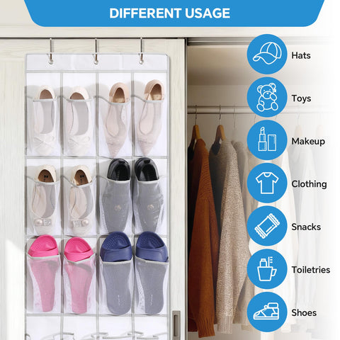 Suacculent Over Door Shoe Organiser, 24 Large Mesh Pockets & 3 Hooks, White