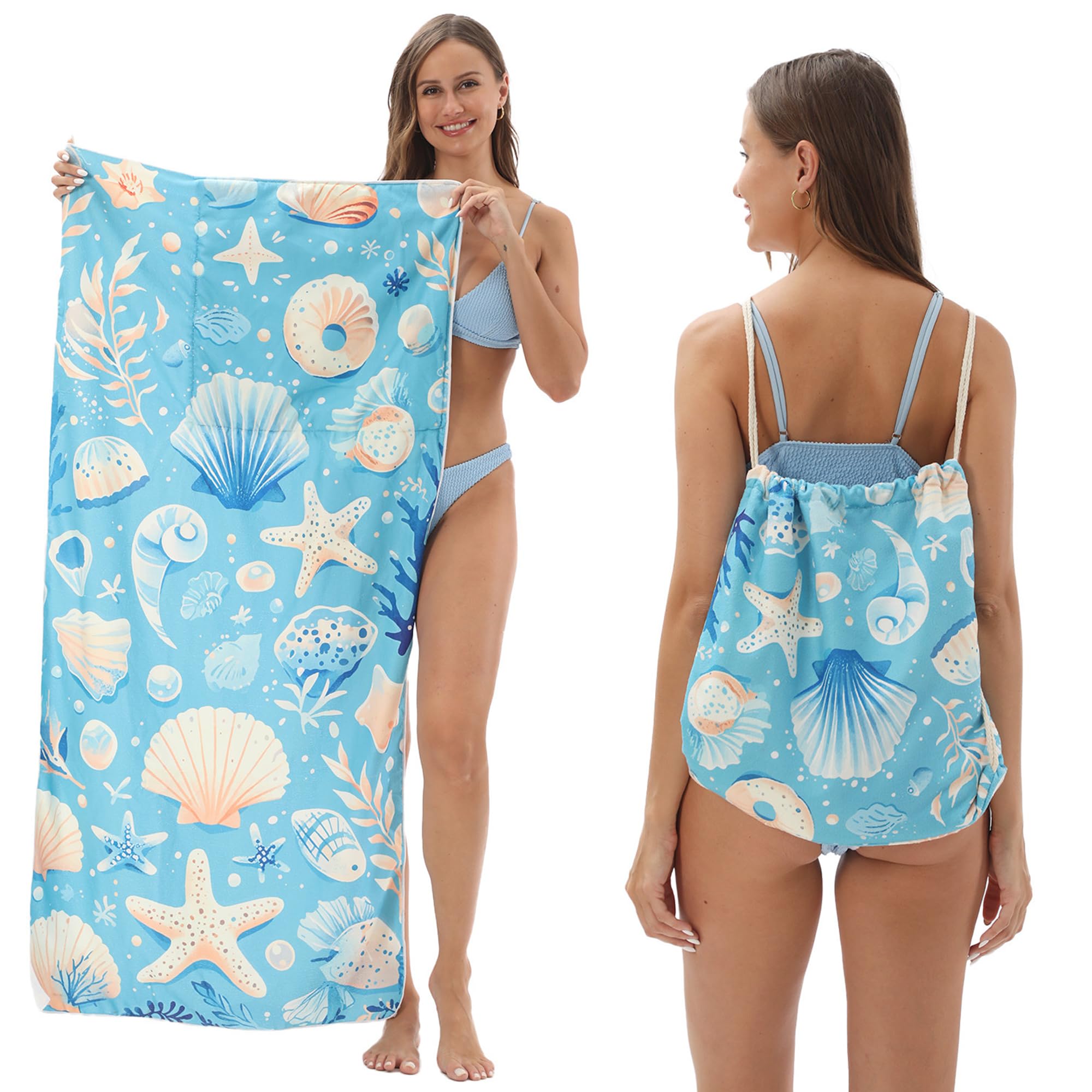 Senshuomy 2-in-1 Beach Towel Bag, Convertible Drawstring Beach Towel Backpack, Sand Free Quick Dry Microfiber Beach Towel for Adults
