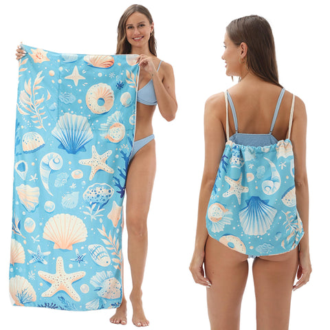Senshuomy 2-in-1 Beach Towel Bag, Convertible Drawstring Beach Towel Backpack, Sand Free Quick Dry Microfiber Beach Towel for Adults