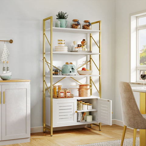 YITAHOME Bookcase with Storage Cabinet, Standing 5 Tiers Book Shelf Display Rack with Doors for Bedroom Living Room Office,White&Gold