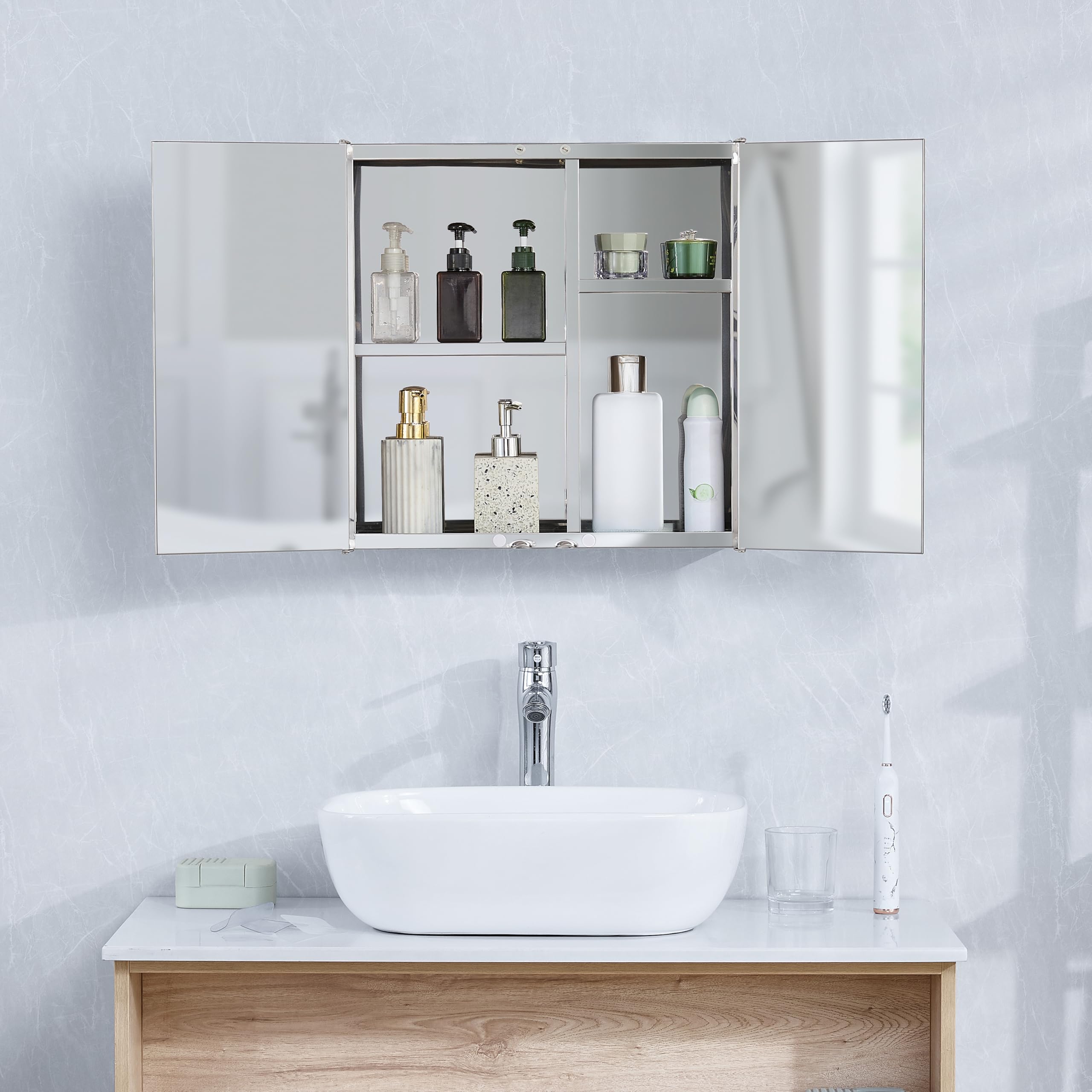 Bath Vida Tiano Double-Mirror Bathroom Cabinet Wall-Mounted Stainless Steel Modern Storage Cupboard (No Assembly Required)