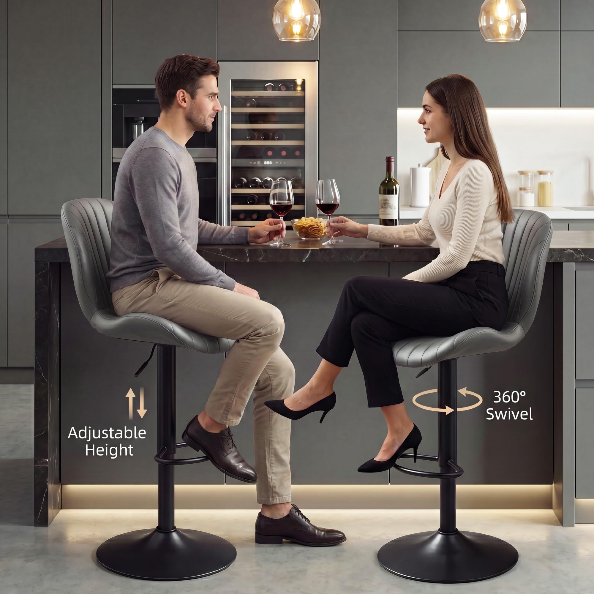 Bar Stools Set of 2, 360°Swivel Bar Chairs, Kitchen Dining Stools, Grey