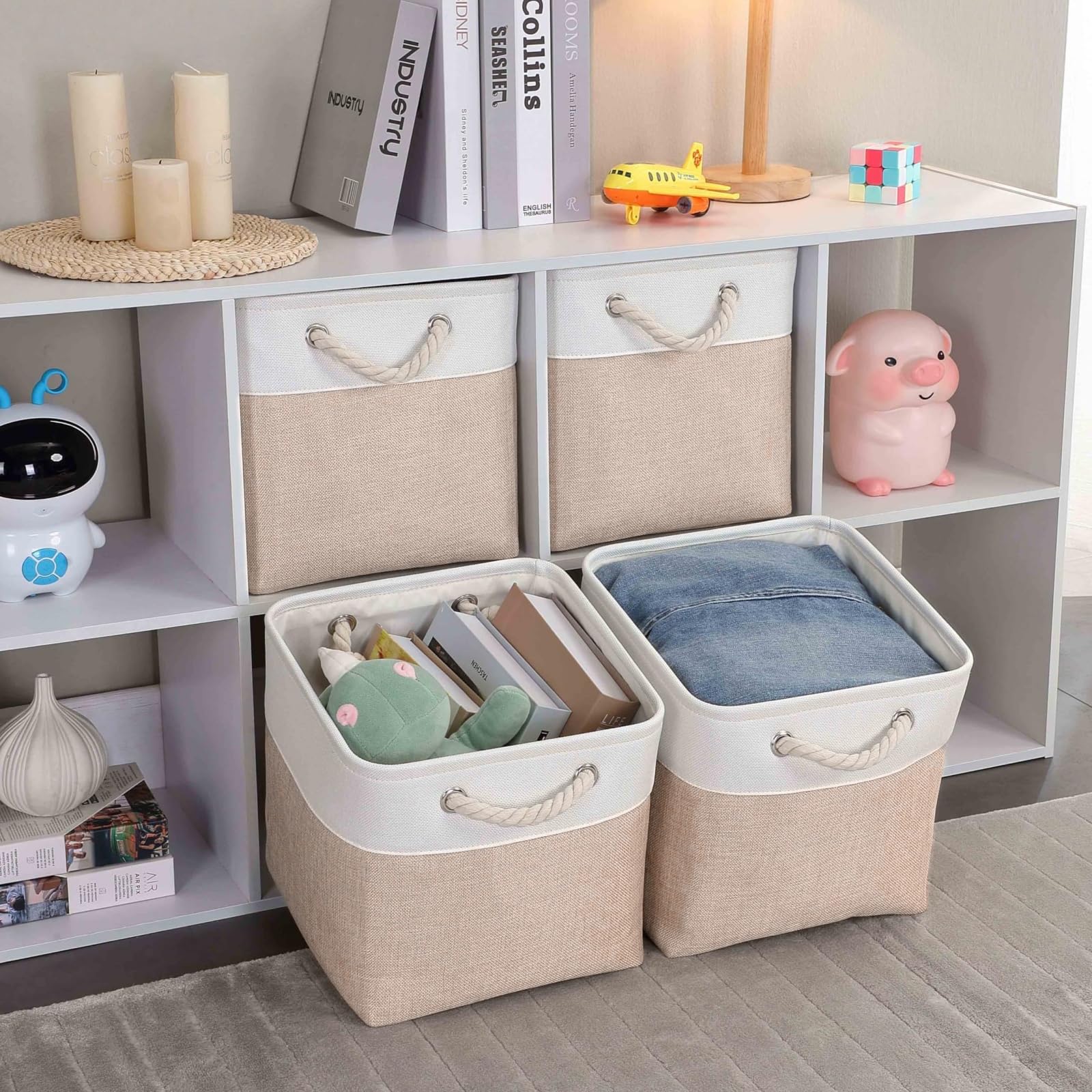 Mangata Fabric Storage Baskets,33 x 38 x 33cm Large Foldable Storage Boxes for Organizing Clothes Shelf Nursery Closet(Beige/White, Set of 4)