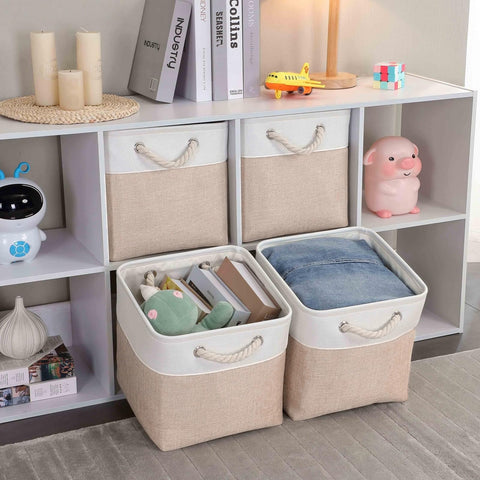 Mangata Fabric Storage Baskets,33 x 38 x 33cm Large Foldable Storage Boxes for Organizing Clothes Shelf Nursery Closet(Beige/White, Set of 4)