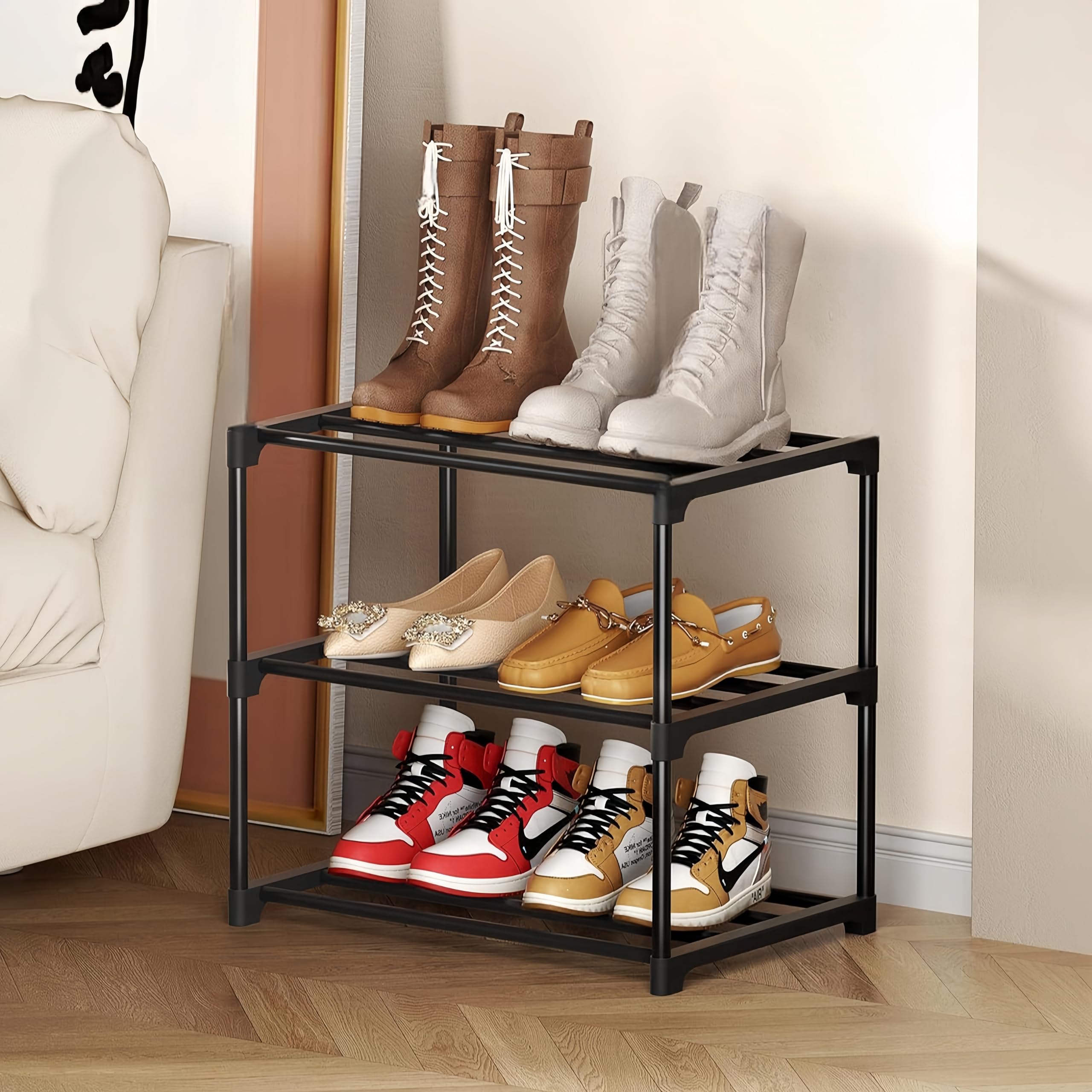 Flosvotals 3 Tier Shoe Rack,Space Saving Shoe Storage Organiser,Metal Storage Rack, Easy Assembly & Strong Design, Stackable Shoe Shelf, for Hallway