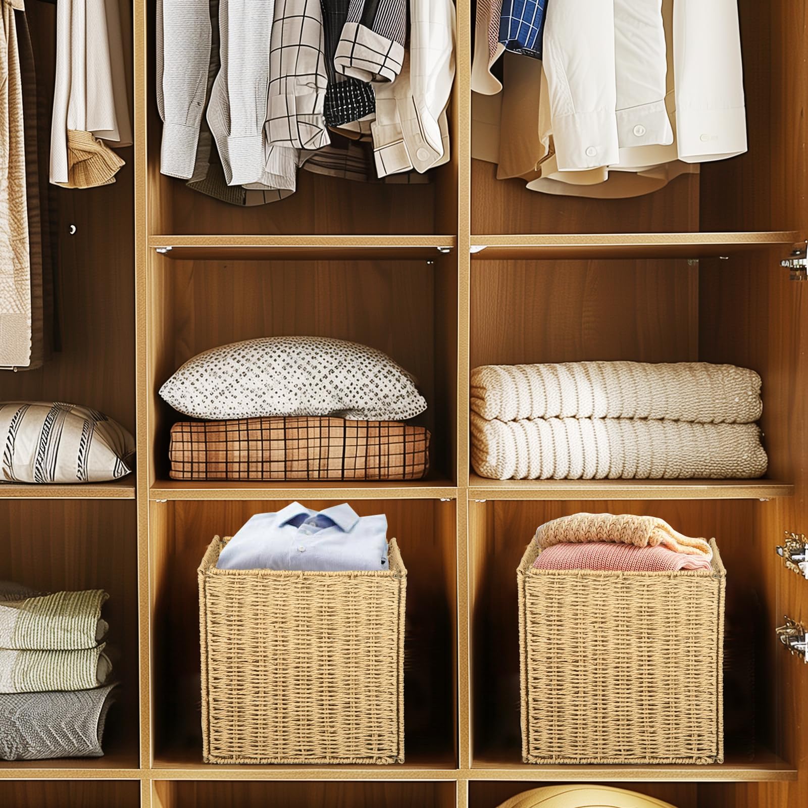 Collapsible Storage Basket 2 pcs, storage boxes for shelves, With Insertion Handle,12 * 12 * 12 In Hand-Woven Seagrass Storage Basket