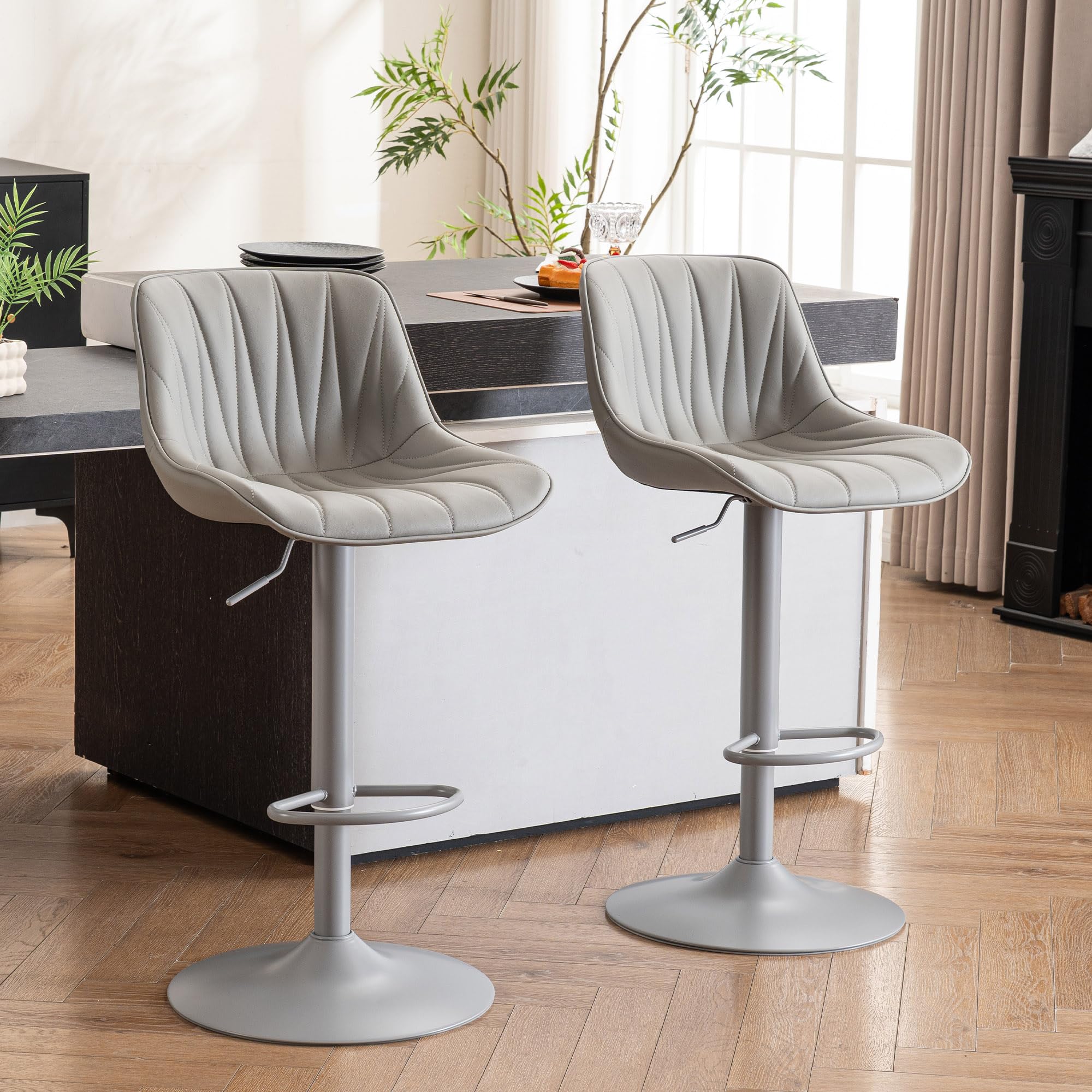 YOUNIKE Bar Stools Set of 2, Modern Upholstered Faux Leather Barstools with Back, Swivel Tall Adjustable Counter Height Bar Chairs, Entirely Gray