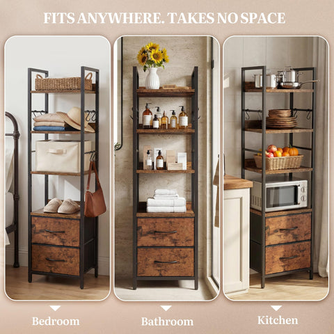 YITAHOME Industrial Bookshelf, 4-Tier Bookcase with Adjustable Shelves & 2 Fabric Drawers