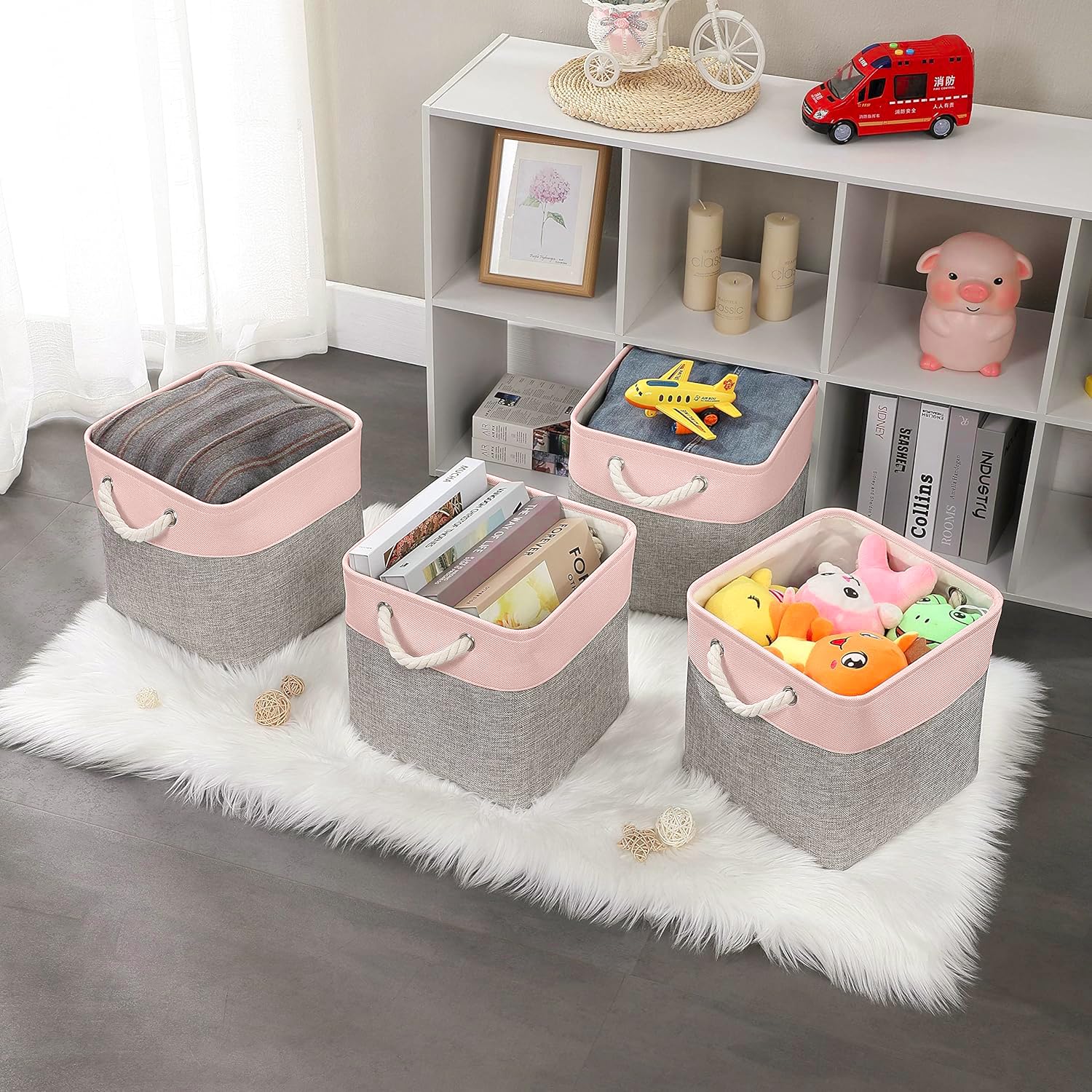 Mangata Canvas Cube Storage Boxes, 25x25x25cm Storage Baskets for Shelves Organizing Clothes Nursery Home(Grey/Pink, Set of 4)