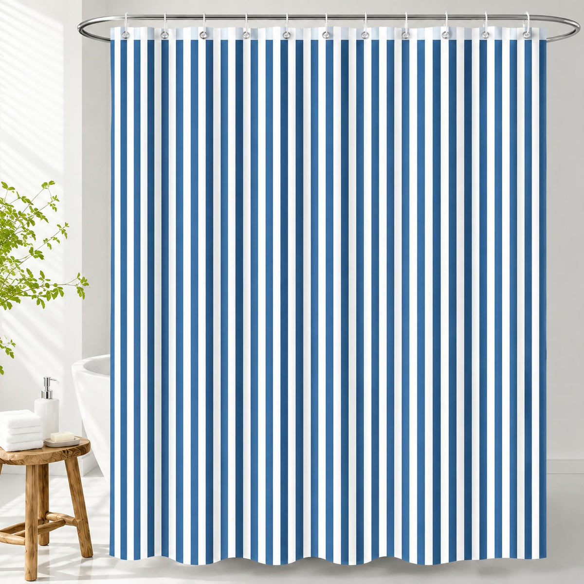 Hopomoon Blue and White Striped Shower Curtain,Vintage Blue Vertical Striped Geometric Waterproof Polyester Fabric Bath Curtain with 12 Hooks 72 x 72