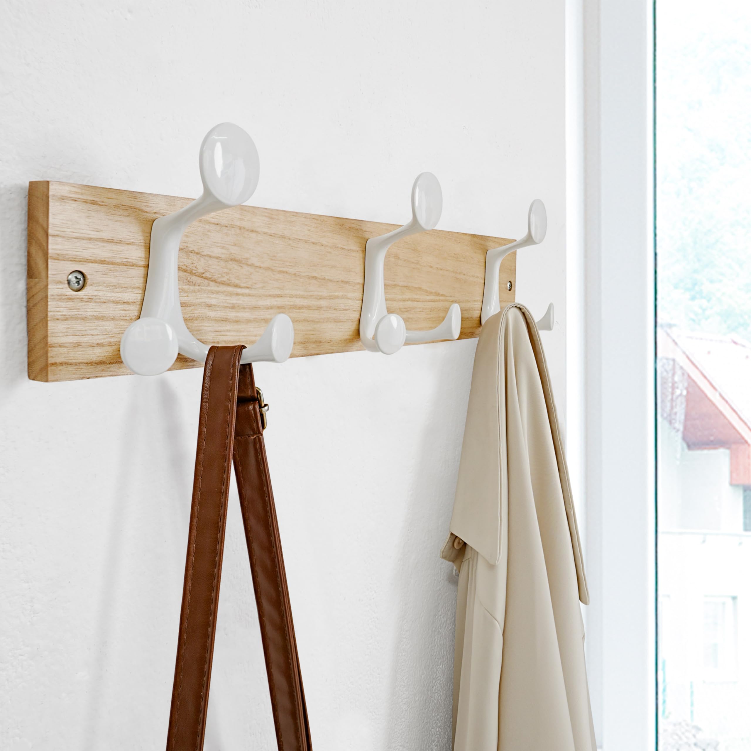 SKOLOO 43cm Natural Wood Coat Rack Wall Mount with 3 Triple Hooks - Ideal for Family Entrances, Classrooms, and Pet Supplies Storage