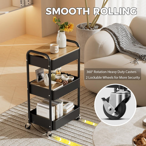 Shrivee 3-Tier Rolling Cart with Table Top, Serving Trolley, Metal Rolling Utility Trolley, Shelf on Wheels, Shelf, Organiser, Kitchen Shelf