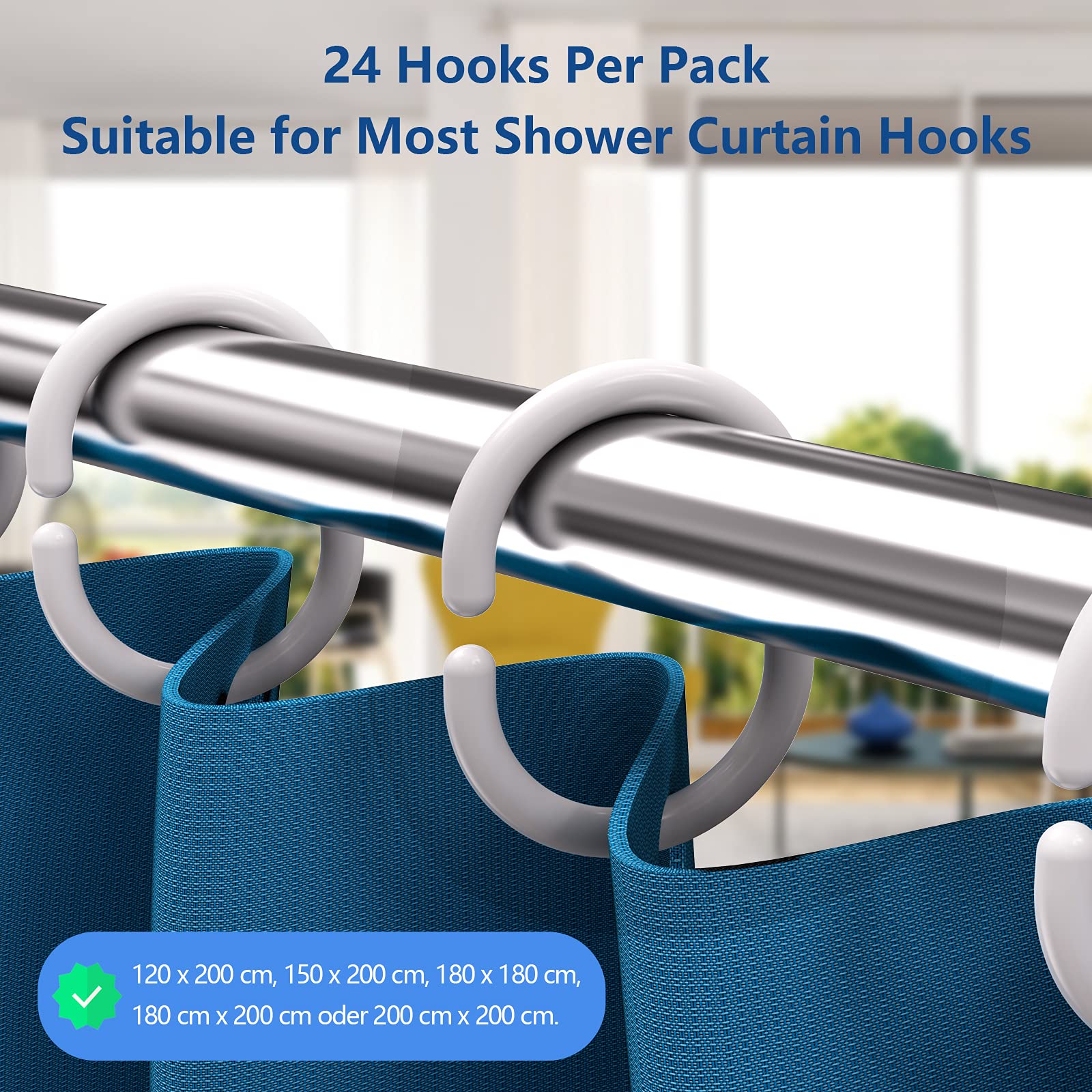 Simkopy Plastic Shower Curtain Hooks, 24 Pack C-Shaped Rings, White, for Bathroom & Window Rod