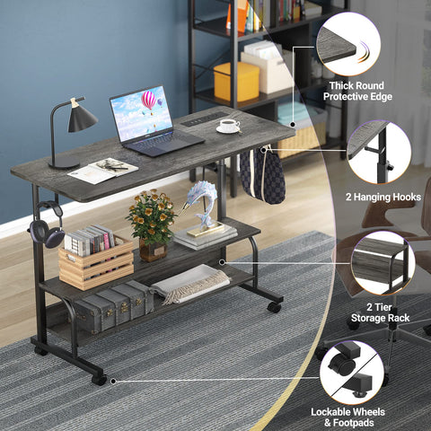 iSunirm Rolling Desk Adjustable Height Standing Desk with Power Outlets & USB Ports, Portable Desk on Wheels, Small Table for Home Office