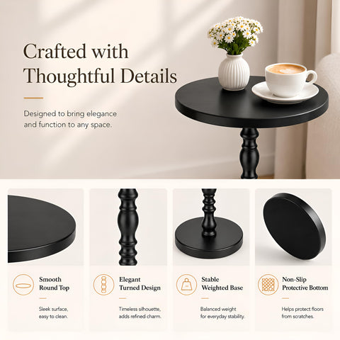 Junistra Round Drink Table, Small Pine Wood Sculpted Pedestal Side Table for Sofa, Living Room, Bedroom and Small Spaces, Black