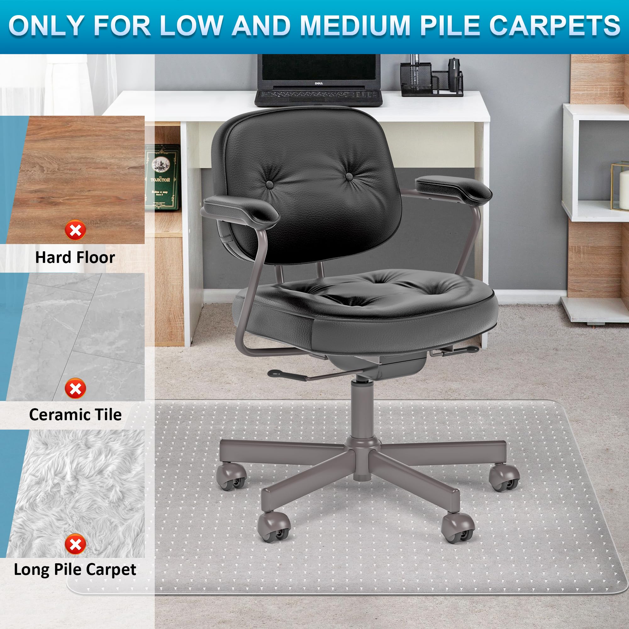BesWin Office Chair Mat for Carpets, 75x120cm PVC Desk Chair Mat for Low Pile Carpeted Floors