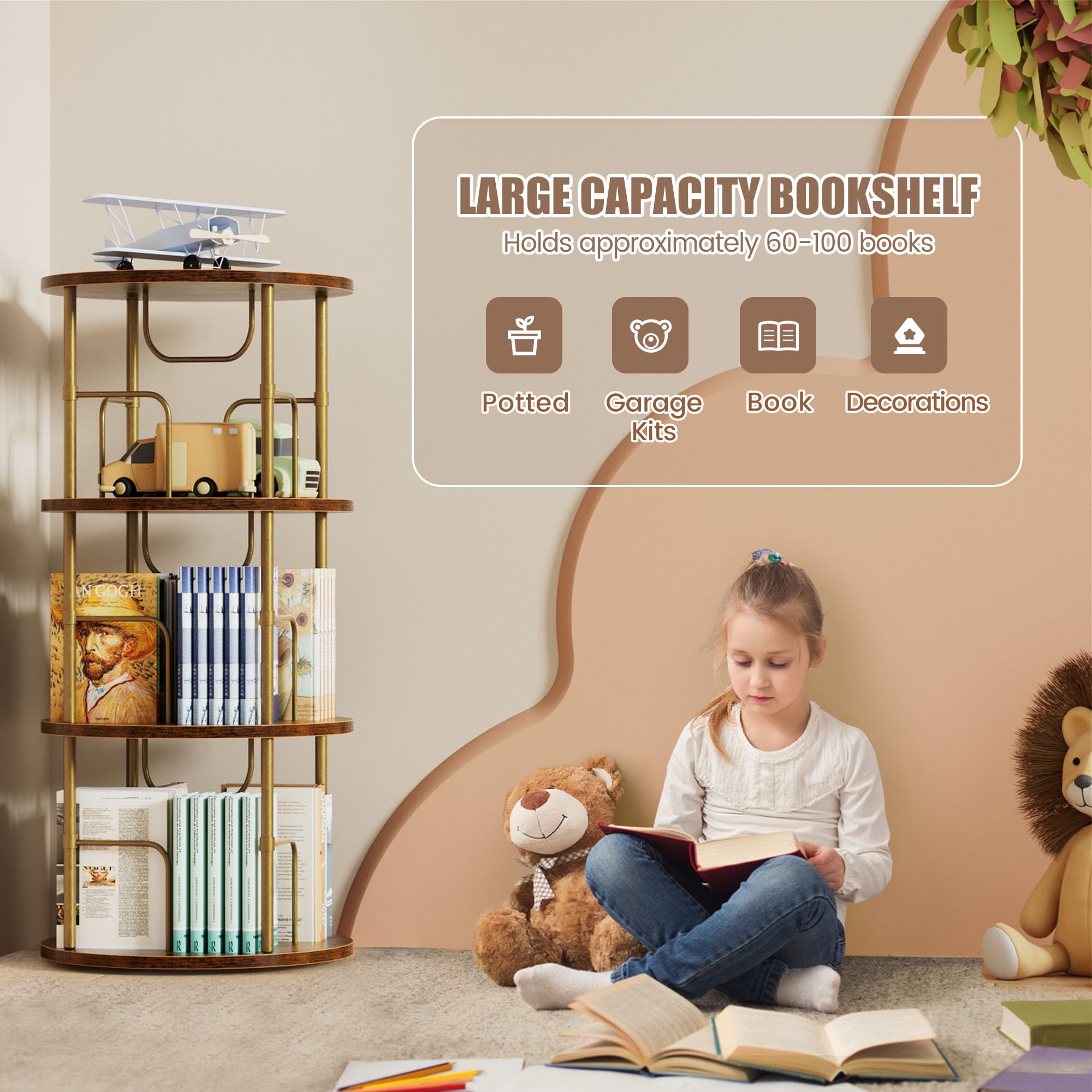 OCTORO 3 Tier Rotating Bookshelf, 360° Corner Bookshelf Tower, Round Revolving Bookcase with Adjustable Levels, Spinning Book Shelf for Home Office