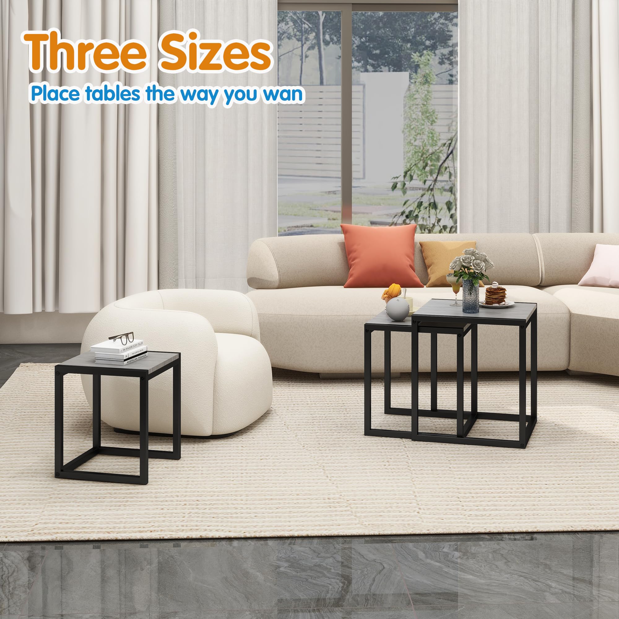 DUMEE Wooden Nesting Tables Set of 3 Coffee Table, Stacking Side End Tables for Living Room, Grey