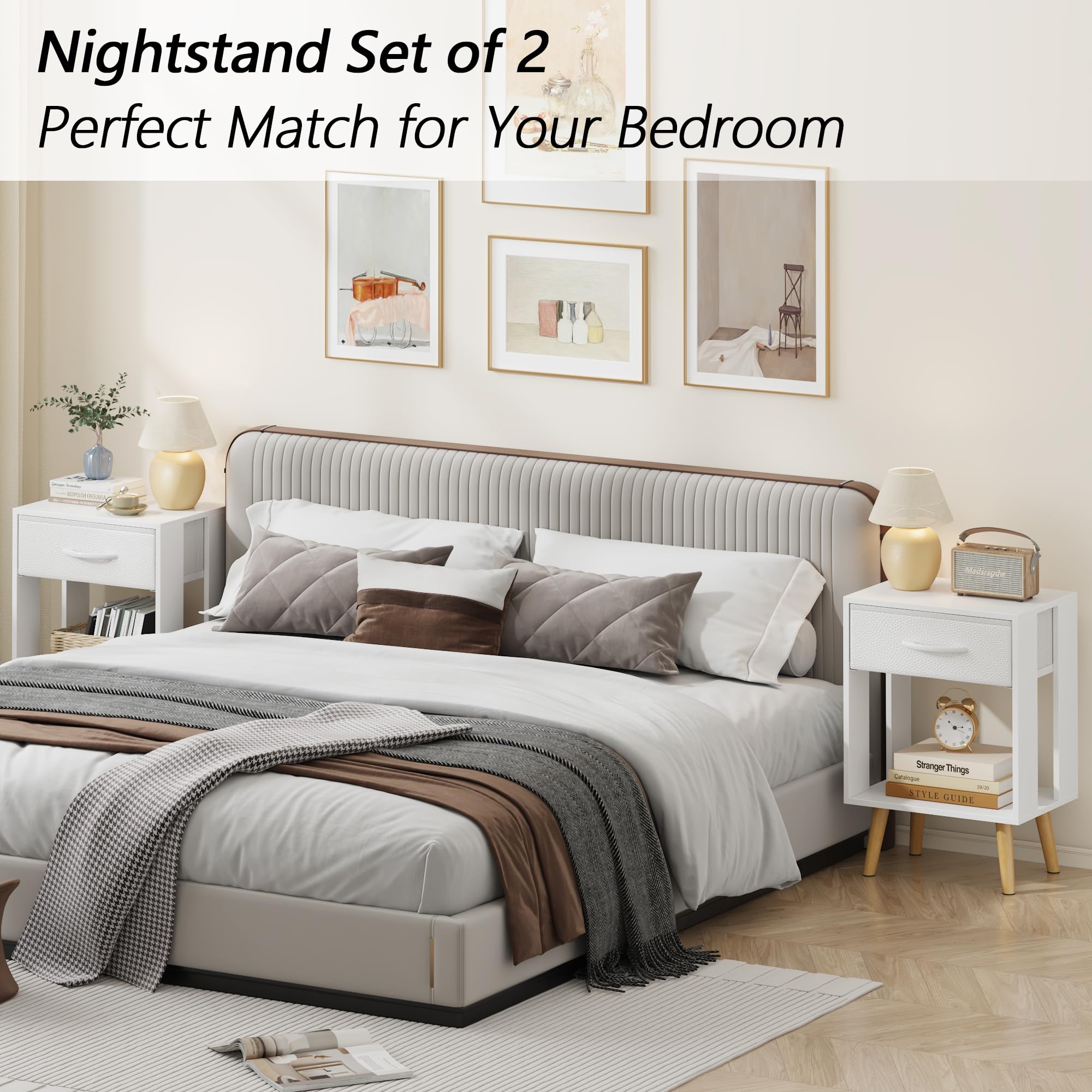 OYRREU White Bedside Table Set of 2 with Drawers & Open Shelf for Bedroom
