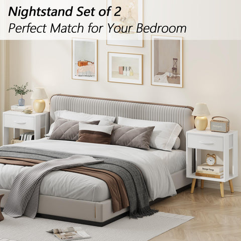 OYRREU White Bedside Table Set of 2 with Drawers & Open Shelf for Bedroom
