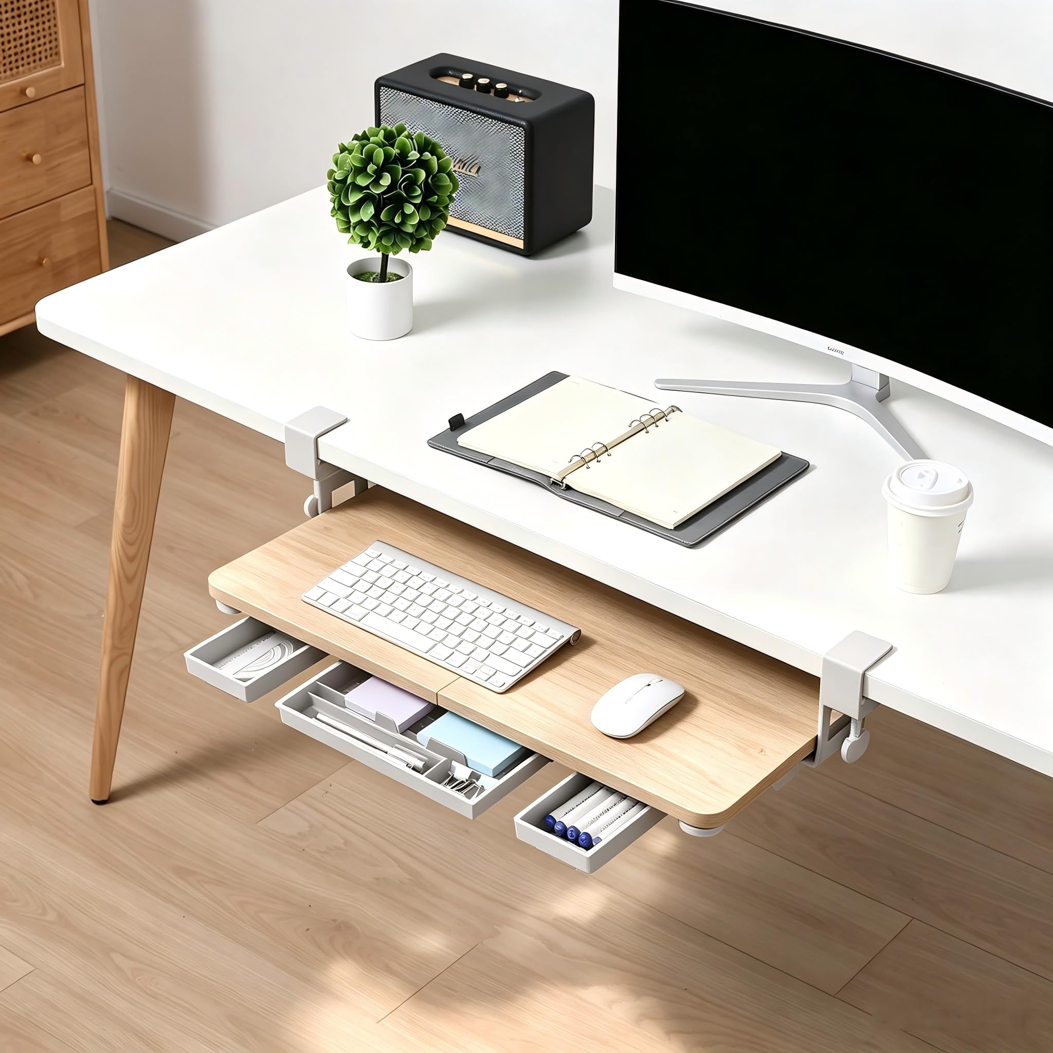 Keyboard Tray Under Desk with Drawer,26.77" X 11.81"Large Size Keyboard Tray with C Clamp-on Mount, Easy to Install, for Home Office (Maple)