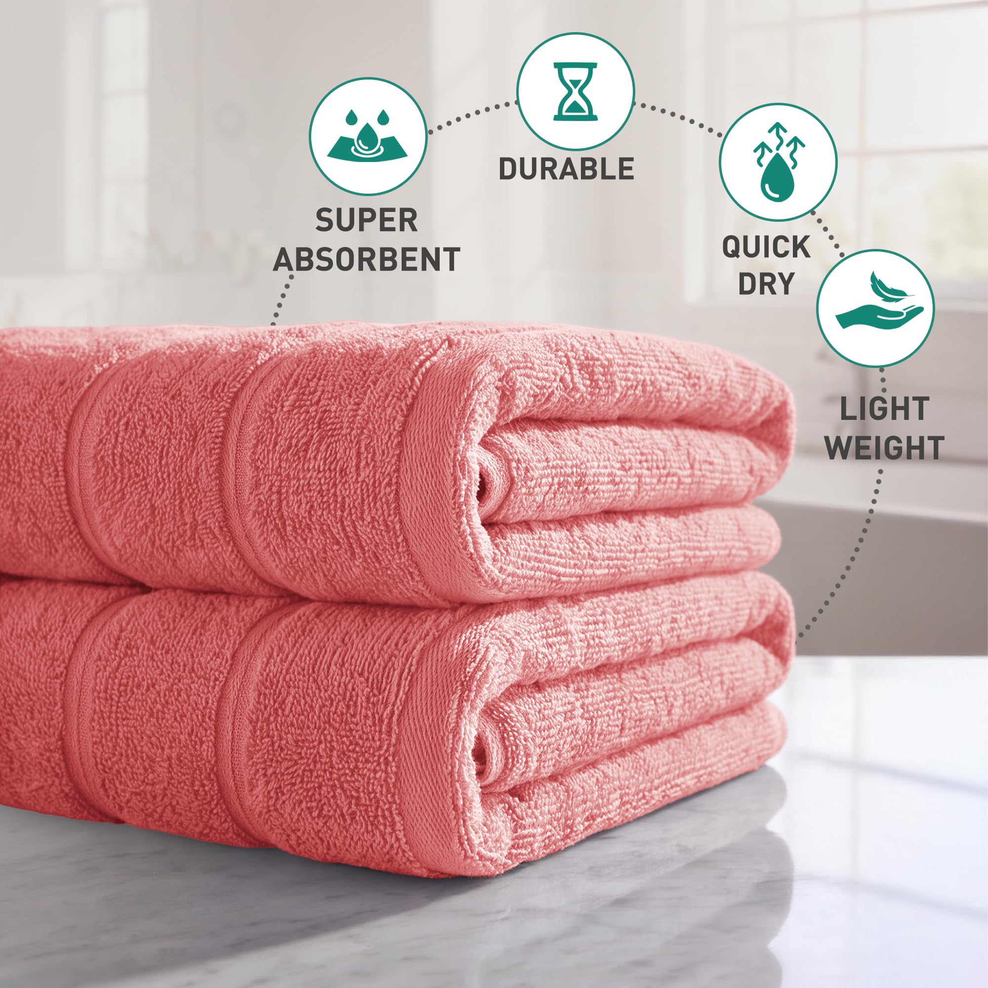2 Pack Bathroom Towel I 100% Cotton I Highly Absorbent Towels I Coral