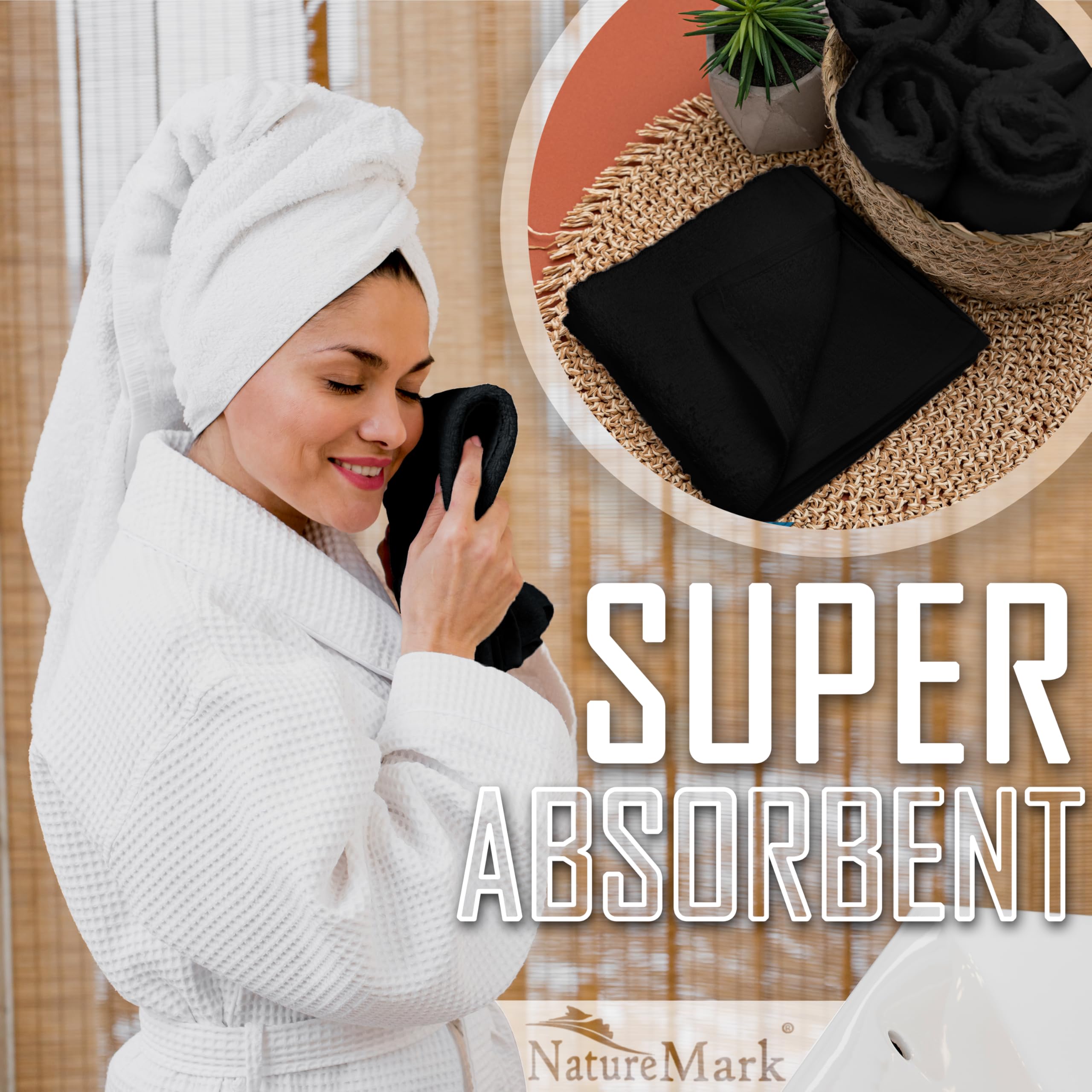 NatureMark Set of 10 Washcloths Made of 100% Cotton - Soft and Absorbent Face and Hand Towels - Practical for Bathroom and Kitchen - 30 x 30 cm, Black