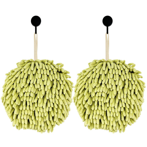 Fuzzy Ball Hand Towels, Set of 2, Chenille Quick Dry, 6.9inch(green)