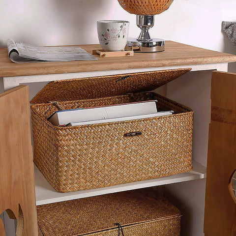 Esoes Wicker Storage Basket Woven Rattan Storage Box With Lids Seagrass Laundry Baskets Makeup Organizer For Bathroom, Living Room, Kitchen (XL)