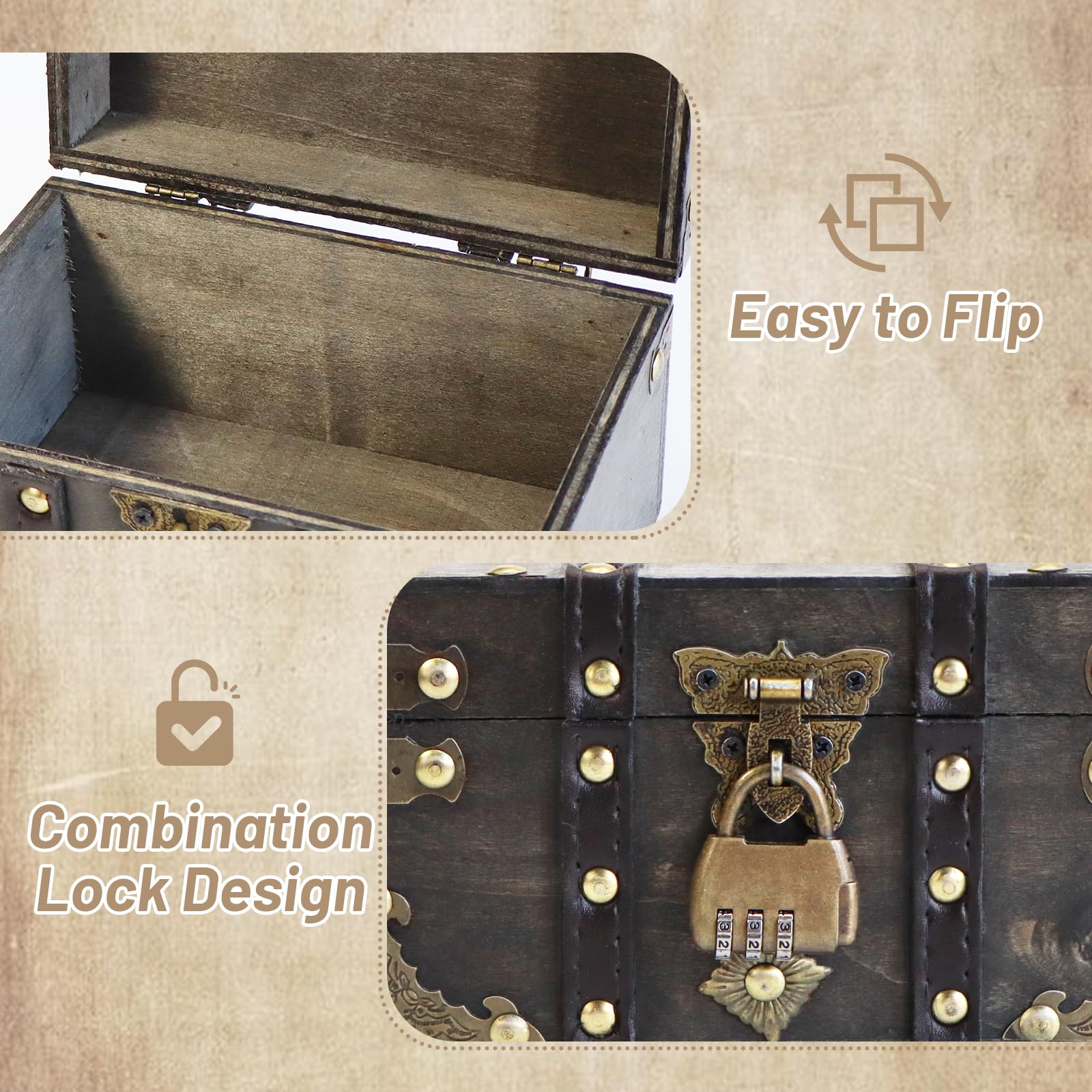 Yicaam Vintage Wooden Treasure Chest Box with Lock (18x11.5x10.5cm) Treasure Jewelry Chest