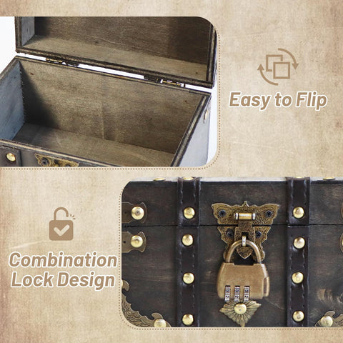 Yicaam Vintage Wooden Treasure Chest Box with Lock (18x11.5x10.5cm) Treasure Jewelry Chest