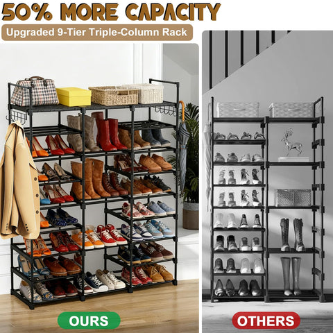 9-Tier Shoe Rack with Telescopic Shoe Horn – Large Capacity Metal Shoe Storage for 50+ Pairs