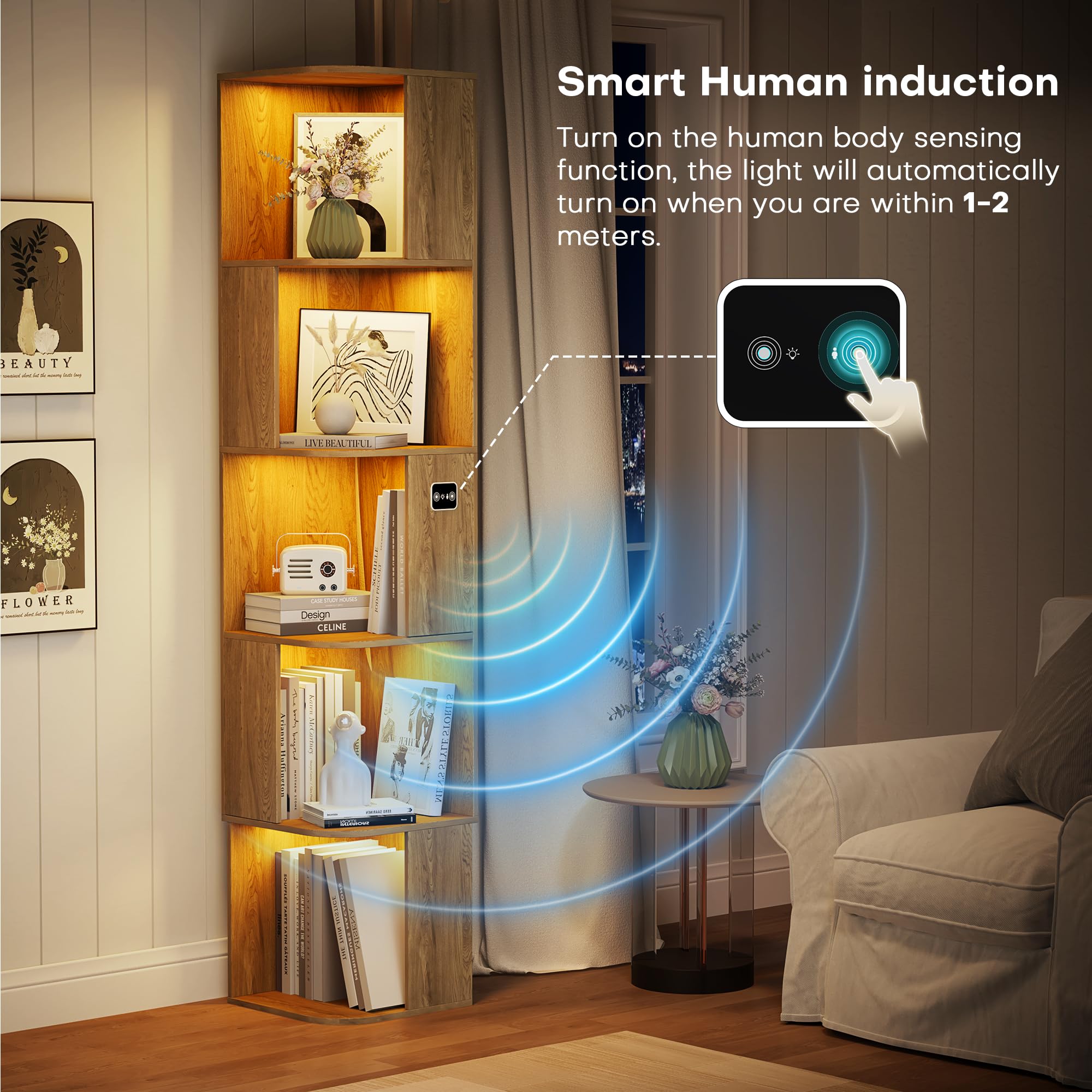 64.8 " Corner Wood Bookcase with Body Sensor LED for Home Office,Natural