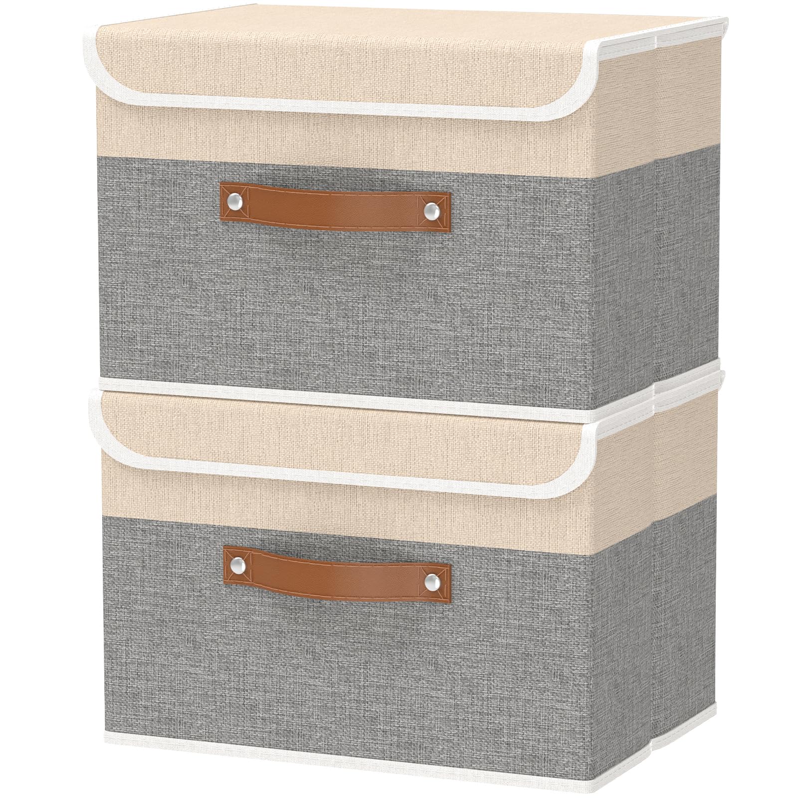 OUTBROS 2 Pack Fabric Storage Boxes with lids, 45x30x30cm Beige/Grey