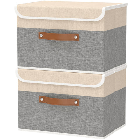 OUTBROS 2 Pack Fabric Storage Boxes with lids, 45x30x30cm Beige/Grey