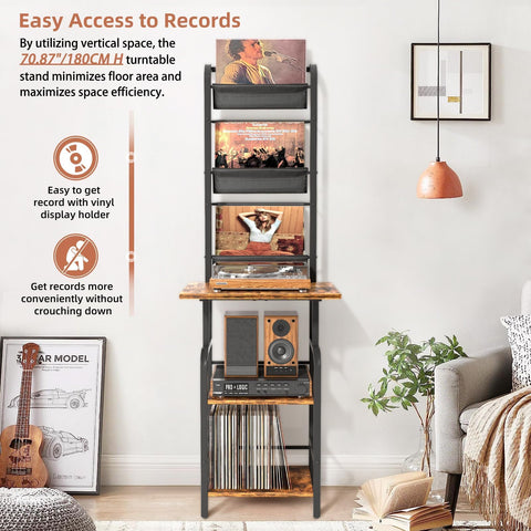 Bikoney Tall Record Player Stand with Vinyl Storage for 200 Albums