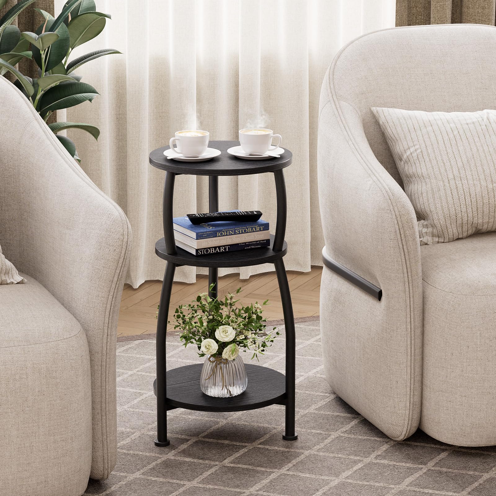 Yuede Round Side Table, 3 Tier Slim Round Coffee Table, Small End Table with Storage Shelf, Bedside Table, for Living Room, Bedroom, Small Space