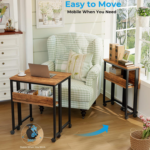 GreenForest Folding Desk 63 cm with Storage Shelf and Wheels, Brown