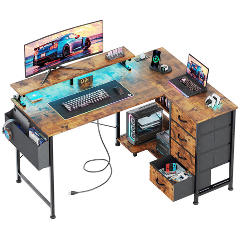VERMESS Corner Desk with 4 Drawers, L Shaped Computer Desk with LED Lights & Power Outlets