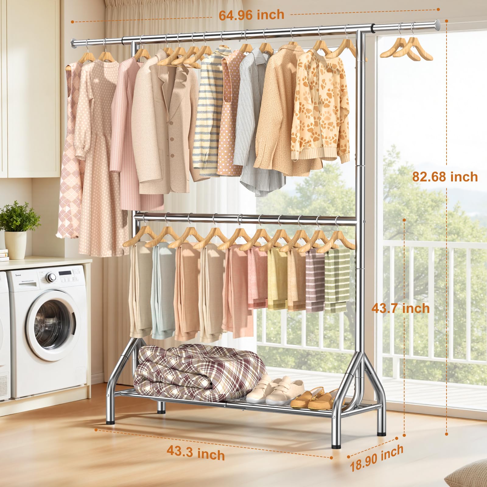 EAGMAK Double Clothes Rail Heavy Duty Load 280 KG, with Shelves, Silver