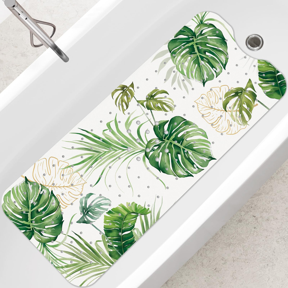 SHUCHING Tropical Leaves Shower Mat Non Slip Anti Mould, Green Bath Mat Non Slip Anti Mould 100 X 40 cm Extra Long