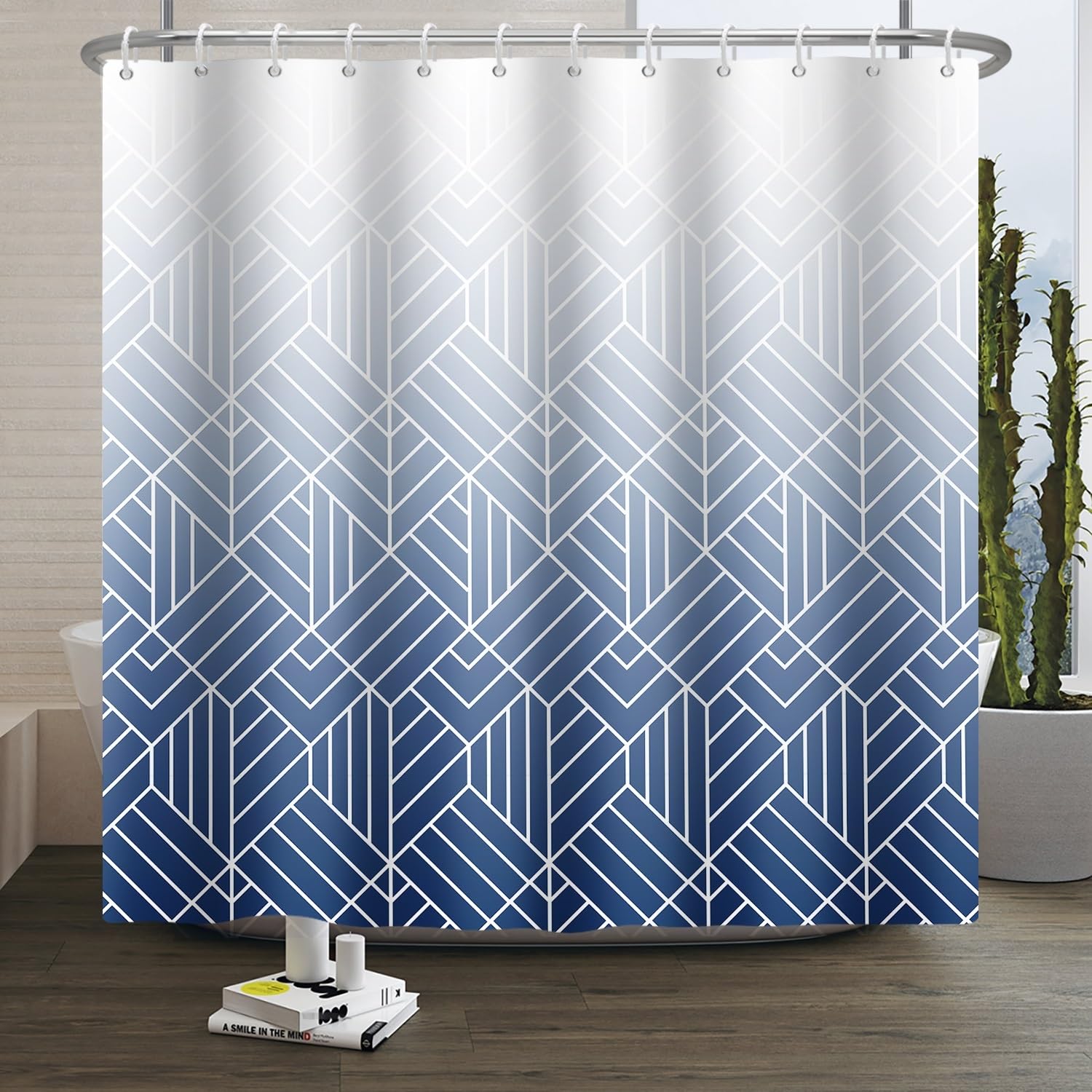 Xiaoterna 120x200cm Modern Abstract Stripes Shower Curtain White Blue Gradient Lines Waterproof Polyester Bathroom Curtain Geometry Aesthetics