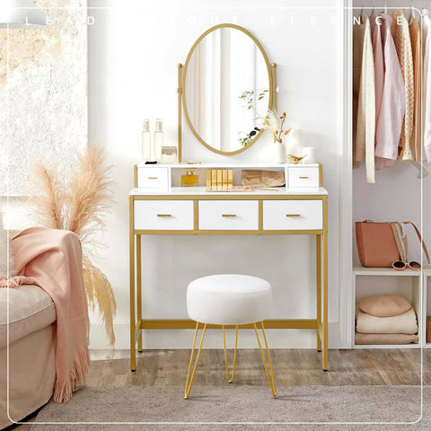 LUE BONA Velvet Round Stool Dressing Table Stool, Makeup Vanity Stool, Ottoman Padded Stool Metal Legs Support, White