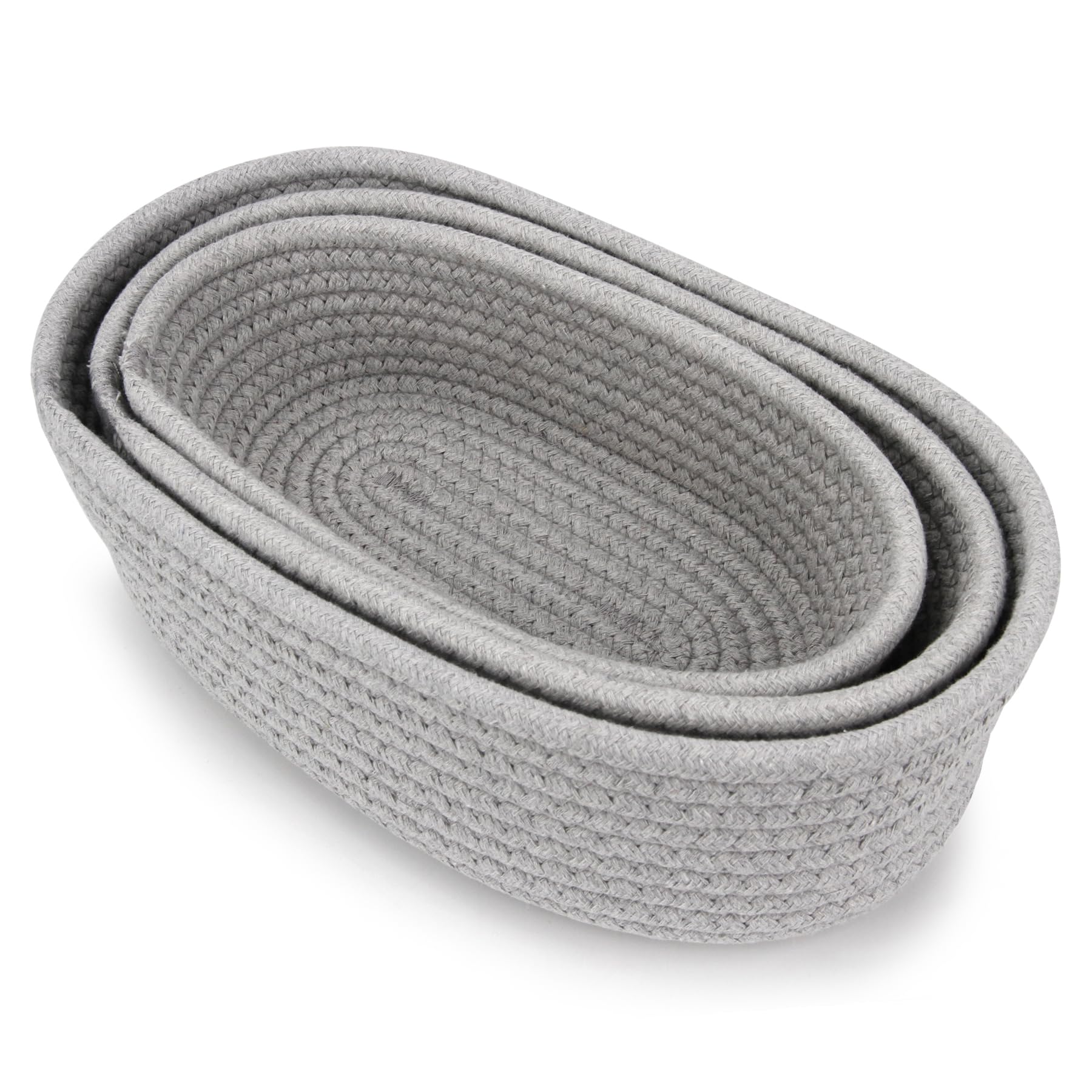 Spesh Cotton Rope Storage Baskets, Set of 3 Woven Shelf Baskets Oval Cotton Storage Boxes Empty Hampers Organiser Bins(Grey)
